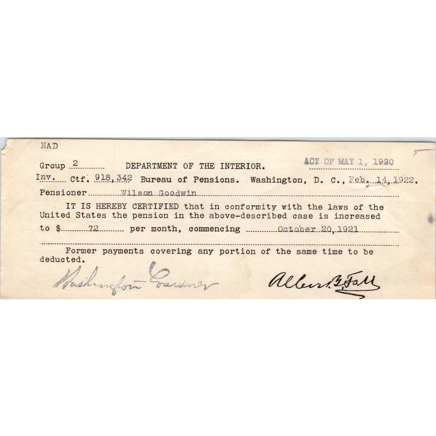1922 US Department of Interior Pension Increase Memo Wilson Goodwin AD8-R5