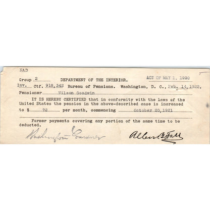 1922 US Department of Interior Pension Increase Memo Wilson Goodwin AD8-R5