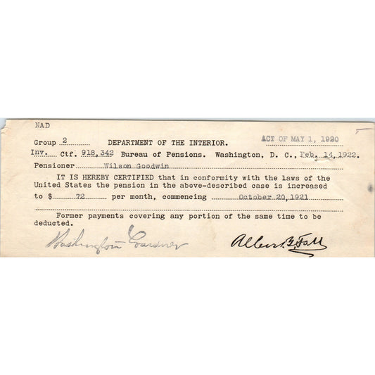 1922 US Department of Interior Pension Increase Memo Wilson Goodwin AD8-R5