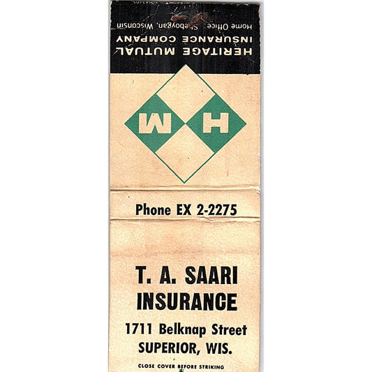 T.A. Saari Ins Superior WI Vintage Matchbook Cover SC7-Y11