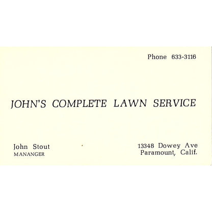 John's Complete Lawn Service John Stout Paramount CA Business Card SSB4-B13