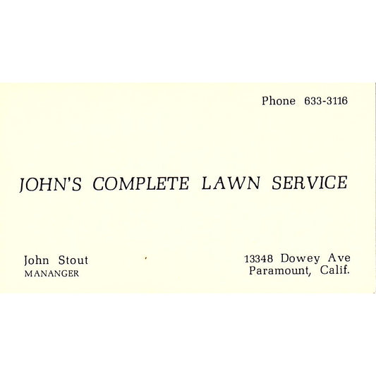 John's Complete Lawn Service John Stout Paramount CA Business Card SSB4-B13