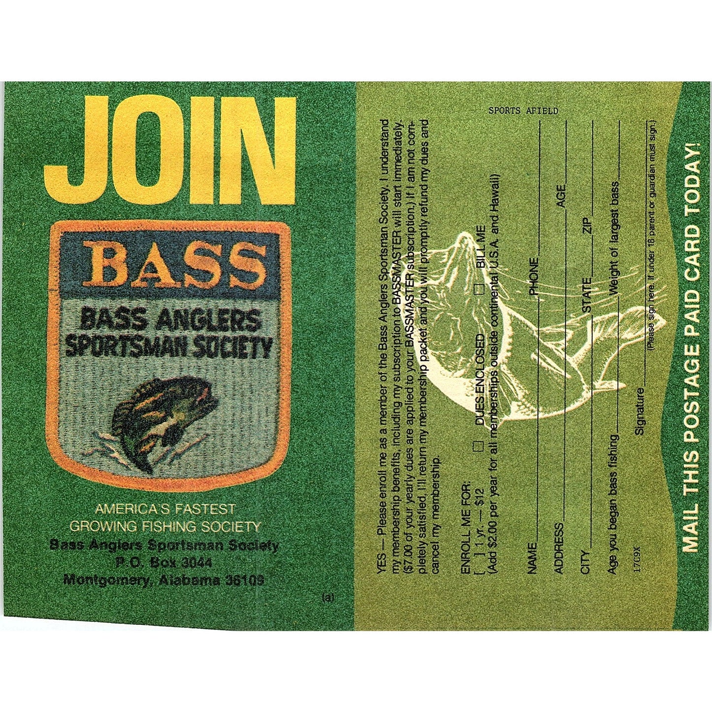 Bass Anglers Sportsman Society Montgomery AL Postal Mailing Card 1977 Ad AF6-5