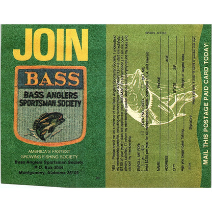 Bass Anglers Sportsman Society Montgomery AL Postal Mailing Card 1977 Ad AF6-5