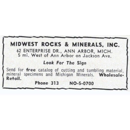 Midwest Rocks & Minerals Inc. Ann Arbor Michigan 1964 Magazine Ad AK6-S8