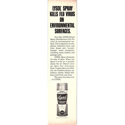 Lysol Spray Kills Flu & Virus 1972 Ad AF3-16