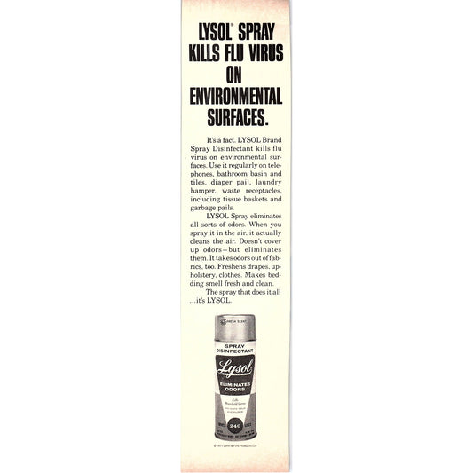 Lysol Spray Kills Flu & Virus 1972 Ad AF3-16