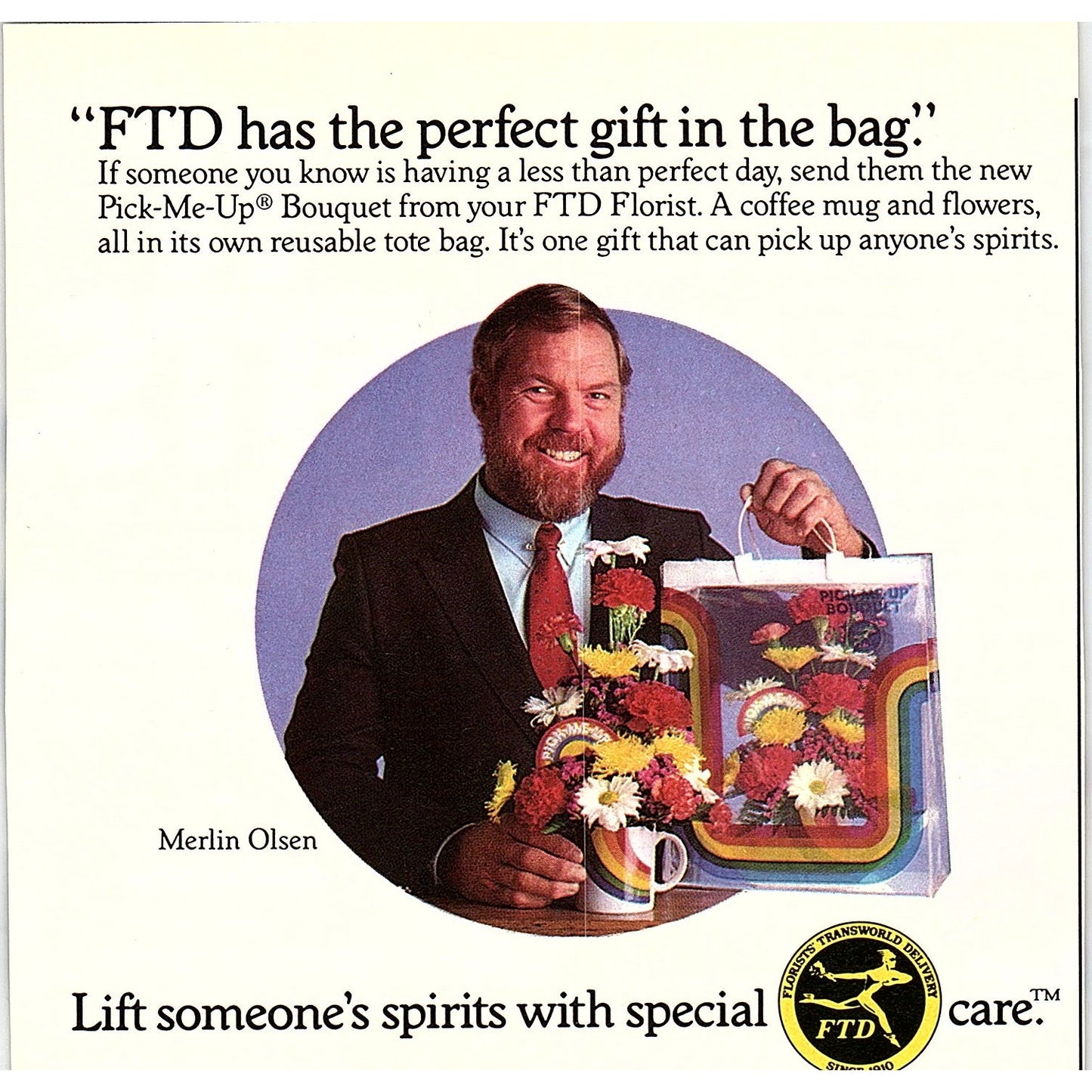 FTD Florist Pick-Me-Up Bouquet Merlin Olsen NFL 1984 Ad AF8-H2