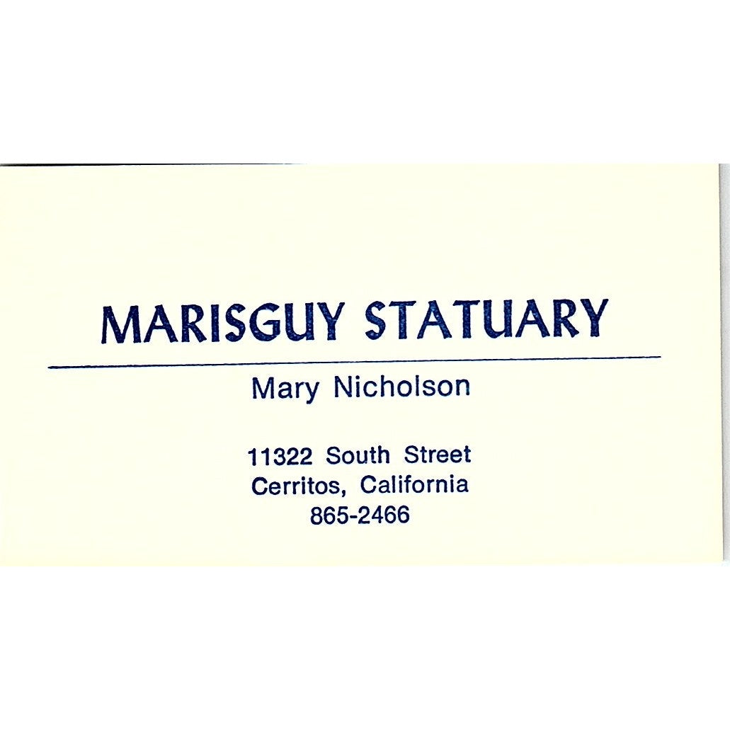 Marisguy Statuary Mary Nicholson Cerritos CA Vintage Business Card SD9-B5