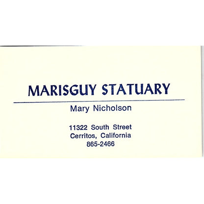 Marisguy Statuary Mary Nicholson Cerritos CA Vintage Business Card SD9-B5