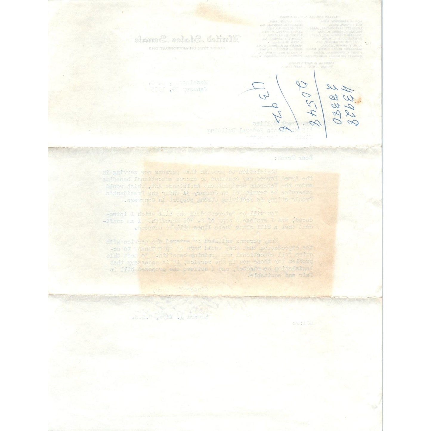 1955 United States Senate Committee on Appropriations Official Letterhead D9