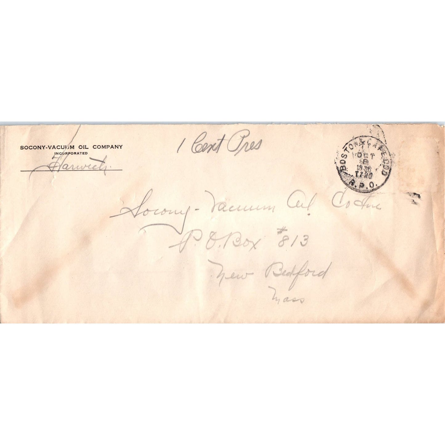 1936 Socony-Vacuum Oil Company Advertising Envelope New Bedford MA AE9-X3