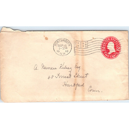 1910 Portsmouth NH to Hartford CT Postal Cover Envelope TG7-PC3