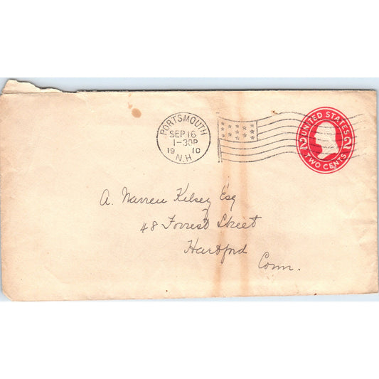 1910 Portsmouth NH to Hartford CT Postal Cover Envelope TG7-PC3