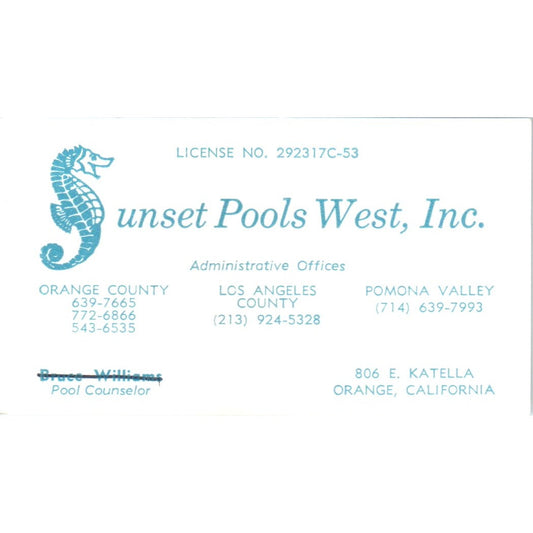 Sunset Pools West Inc Bruce Williams Orange CA Vintage Business Card SD4-B2