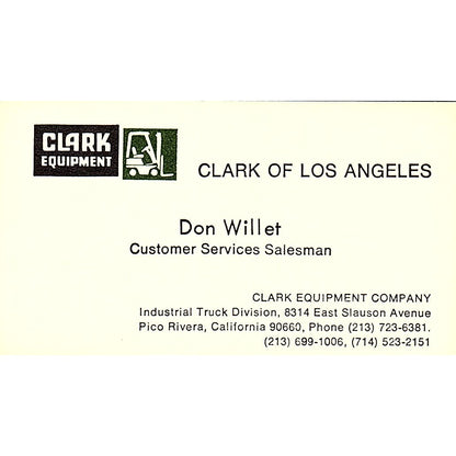 Clark Equipment Company Don Willet Pico Rivera CA Vintage Business Card SB4-B5