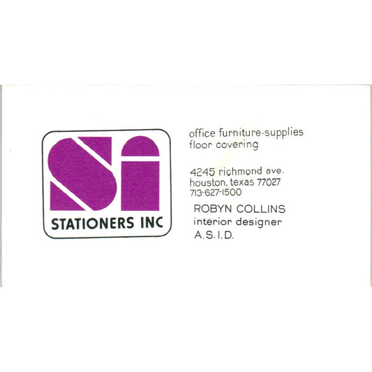 Robyn Collins Stationers Inc Houston TX Vintage Business Card SE3-B5