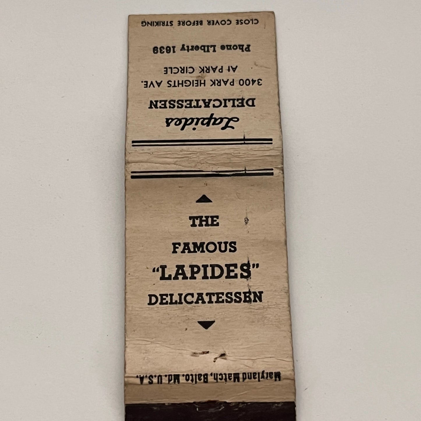 Lapides Delicatessen 3400 Park Heights Baltimore Vintage Matchbook TB6-MB2-14