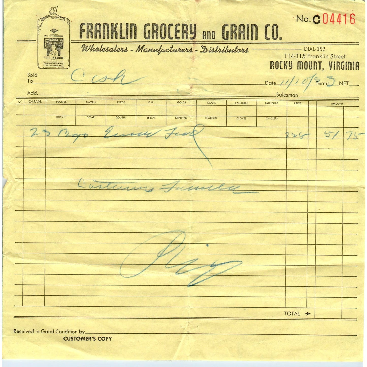 1953 Franklin Grocery and Grain Co Rocky Mount VA Receipt Billhead AF1-RR5