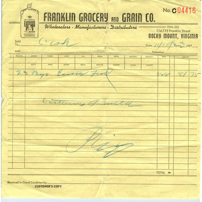 1953 Franklin Grocery and Grain Co Rocky Mount VA Receipt Billhead AF1-RR5