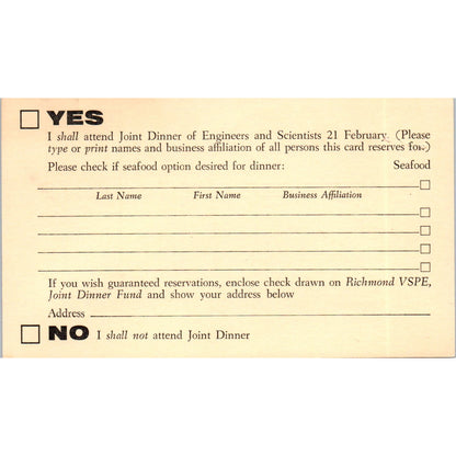 Frank C. Vaughan VA Engineer & Scientists Dinner Postal Mailing Card PE7
