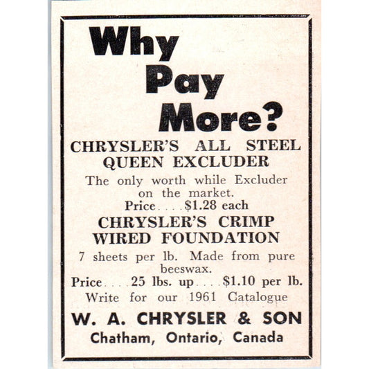 Steel Queen Excluder W. A. Chrysler & Son Chatham Ontario Canada 1961 Ad AK6-S12