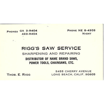 Rigg's Saw Service Thos E. Rigg Long Beach CA Vintage Business Card SB4-B4