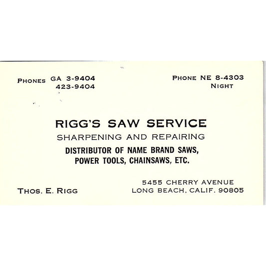 Rigg's Saw Service Thos E. Rigg Long Beach CA Vintage Business Card SB4-B4