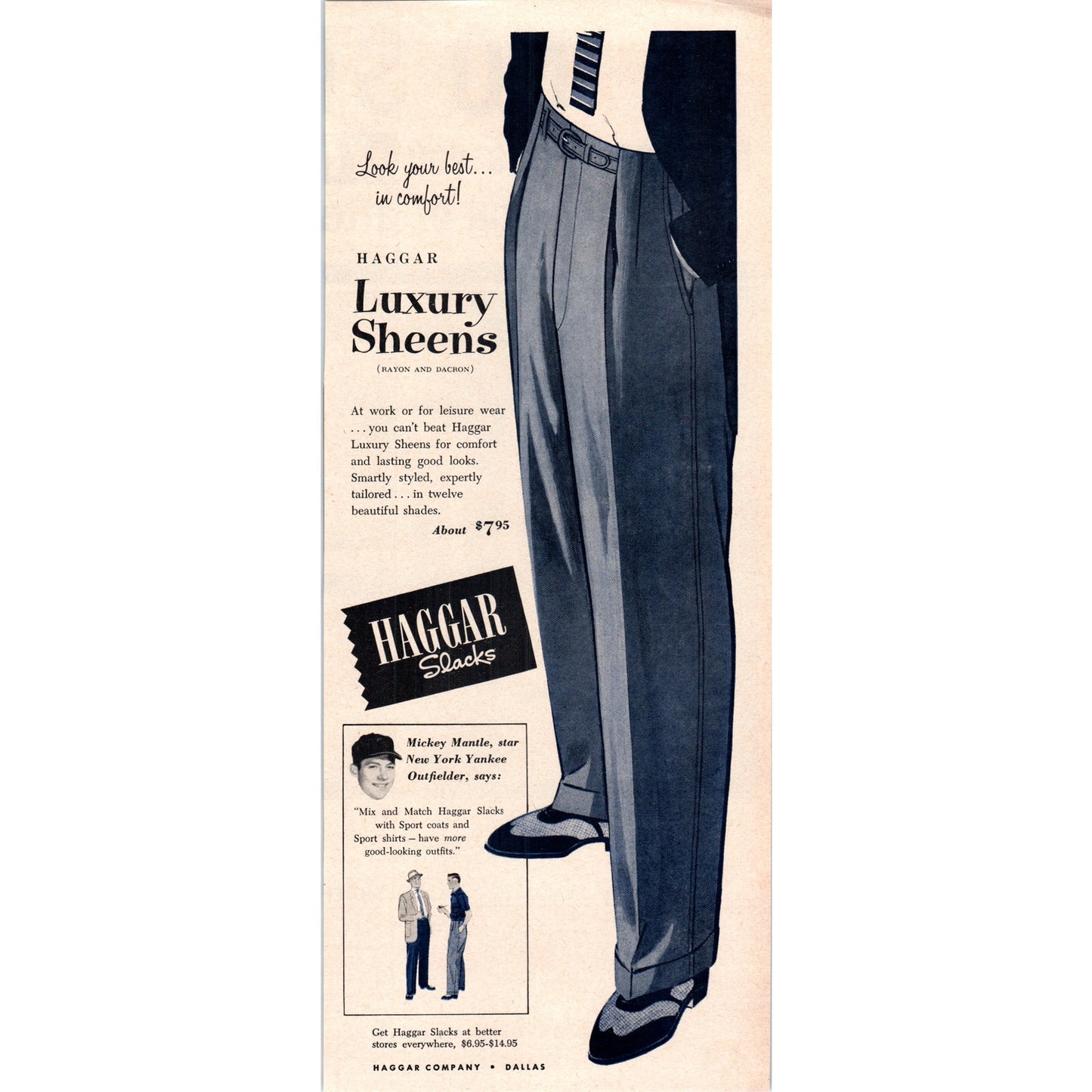 Vintage Haggar Slacks Mickey Mantle Yankees MLB Baseball Magazine Ad 5x13" V1-1
