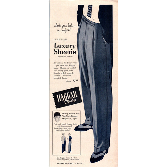Vintage Haggar Slacks Mickey Mantle Yankees MLB Baseball Magazine Ad 5x13" V1-1