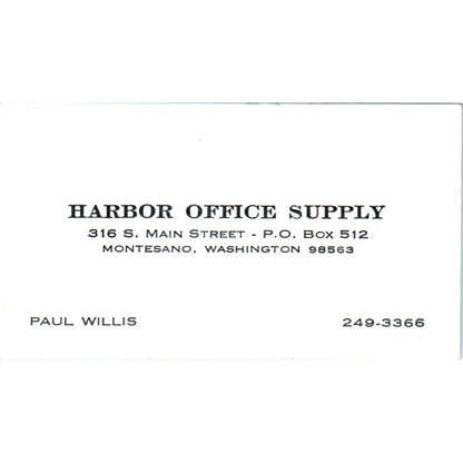 Paul Willis Harbor Office Supply Montesano WA Vintage Business Card SE3-B5