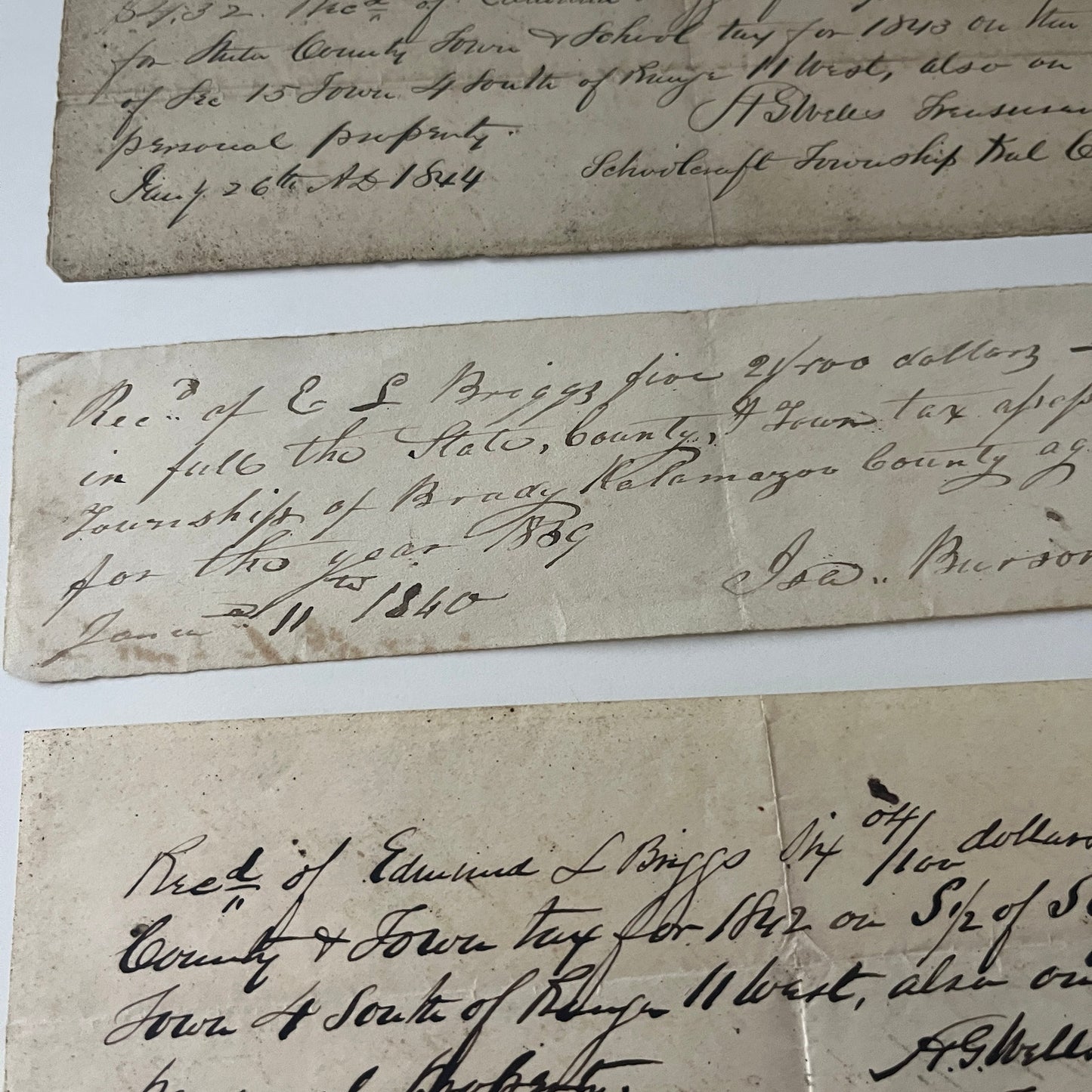 Edmund L. Briggs Brady Twp MI 1840-1844 Lot of 3 Original Handwritten Stubs K23