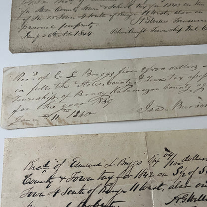 Edmund L. Briggs Brady Twp MI 1840-1844 Lot of 3 Original Handwritten Stubs K23