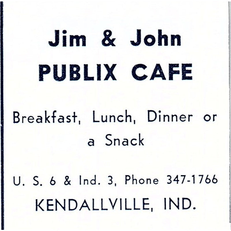 Jim & John Publix Cafe Kendallville Indiana 1964 Ad AG1-S16