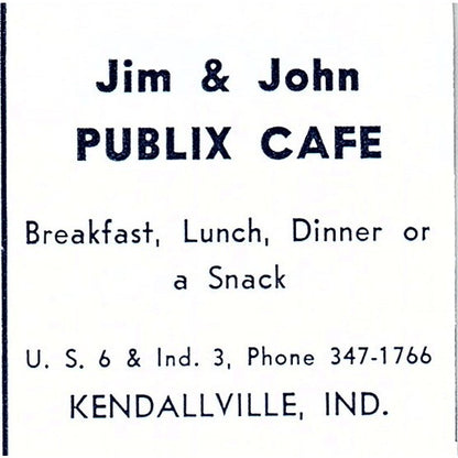 Jim & John Publix Cafe Kendallville Indiana 1964 Ad AG1-S16