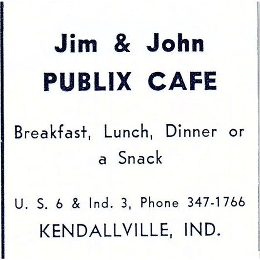 Jim & John Publix Cafe Kendallville Indiana 1964 Ad AG1-S16
