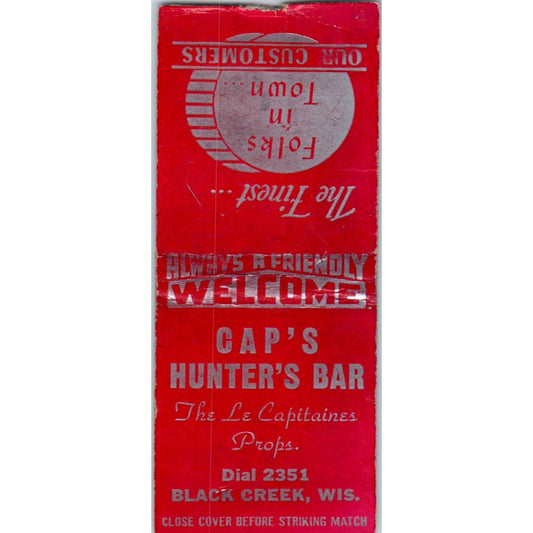 Cap's Hunter's Bar Le Capitaines Black Creek WI Vintage Matchbook Cover SD4-Y3