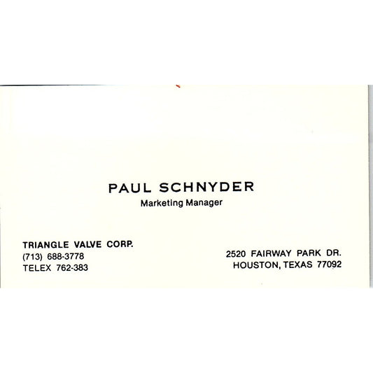 Paul Schnyder Triangle Valve Corp Houston Vintage Business Card SE5-B1