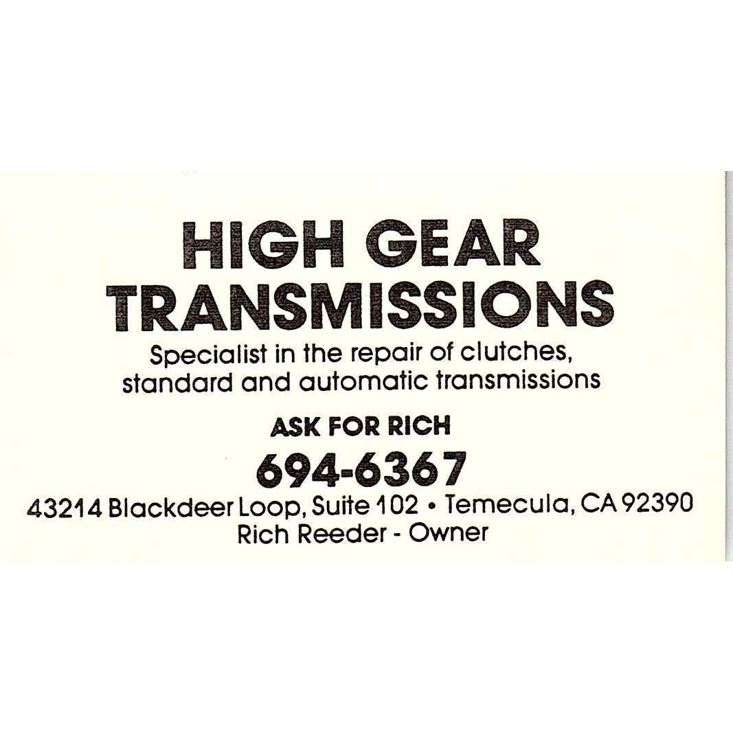 Rich Reeder High Gear Transmissions Temecula CA Vintage Business Card SC9-B8