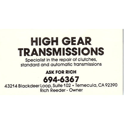 Rich Reeder High Gear Transmissions Temecula CA Vintage Business Card SC9-B8