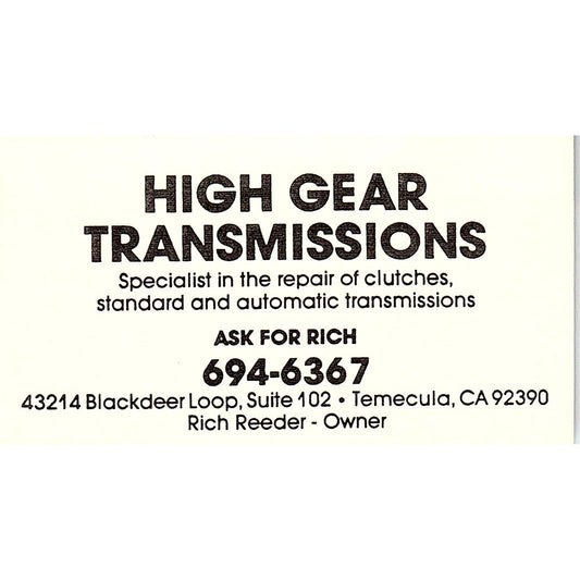 Rich Reeder High Gear Transmissions Temecula CA Vintage Business Card SC9-B8