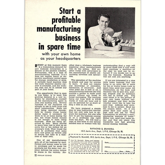 Raymond E. Brandell Start a Profitable Manufacturing Business 1955 Ad AG1-5