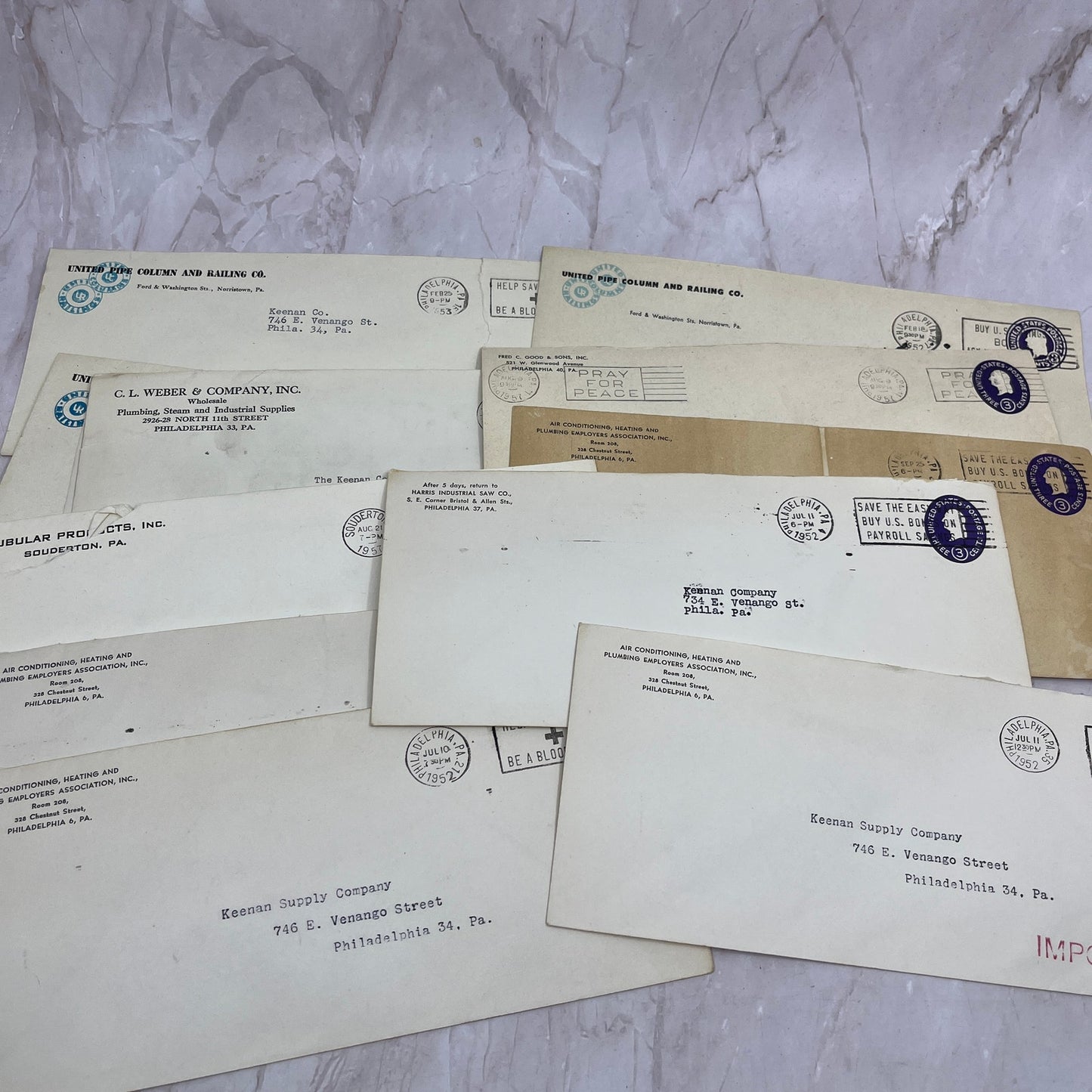 1950s Huge Lot The Keenan Company Venango St. Philadelphia Envelopes TG7-EB6
