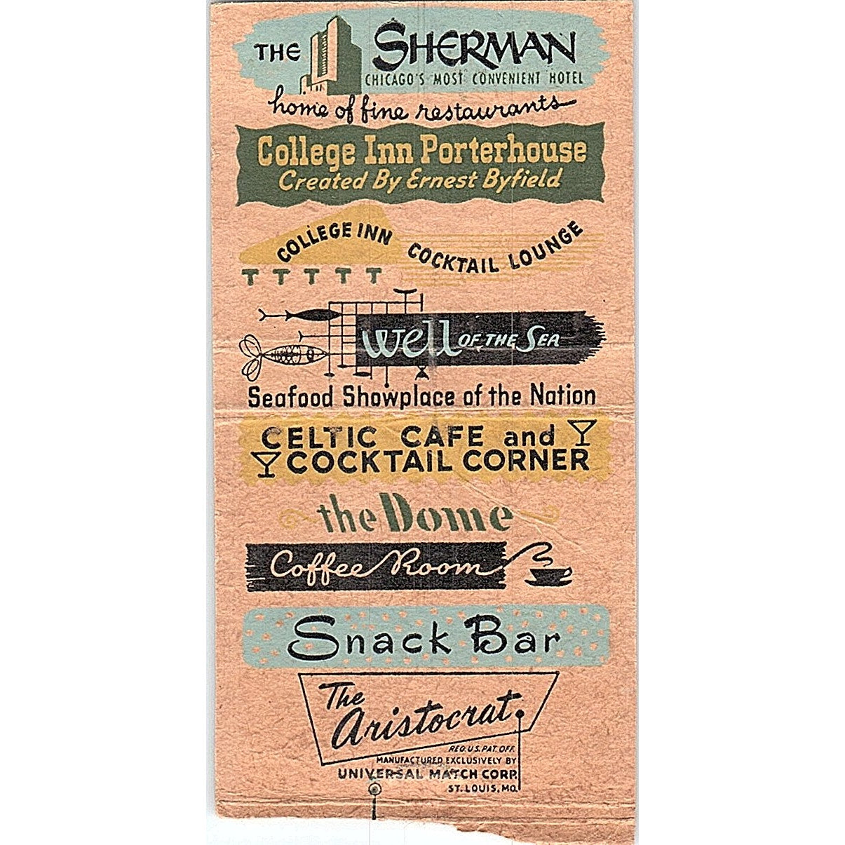 The Sherman Hotel College Inn Porterhouse Chicago Vintage Matchbook Cover SF3-Y4