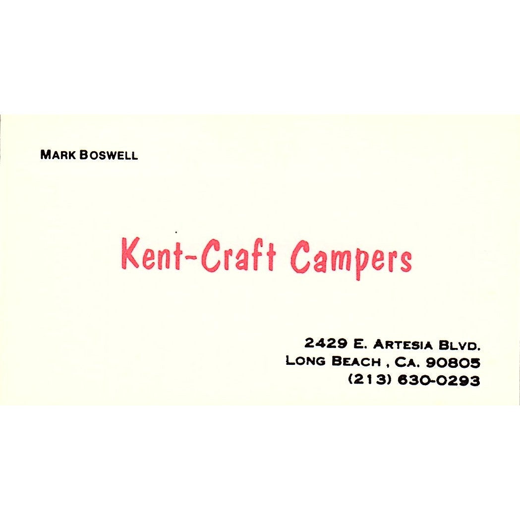 Kent-Craft Campers Mark Boswell Long Beach Vintage Business Card SD9-B11