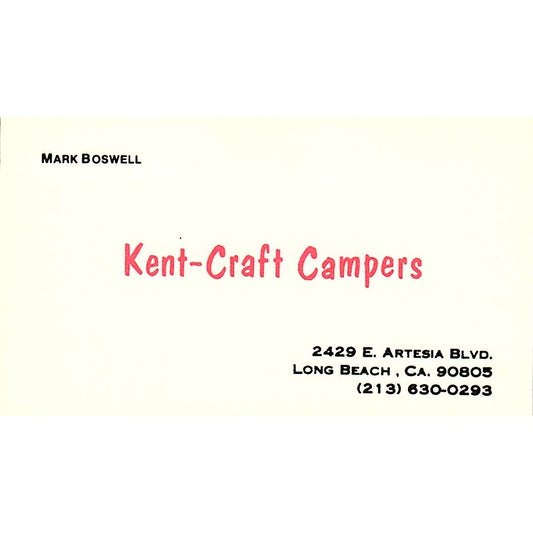 Kent-Craft Campers Mark Boswell Long Beach Vintage Business Card SD9-B11
