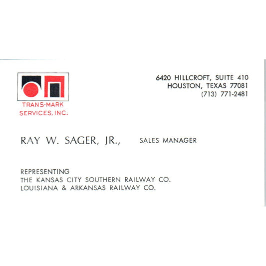 Ray W. Sager Jr Trans-Mark Services Inc Houston TX Vintage Business Card SD4-B4