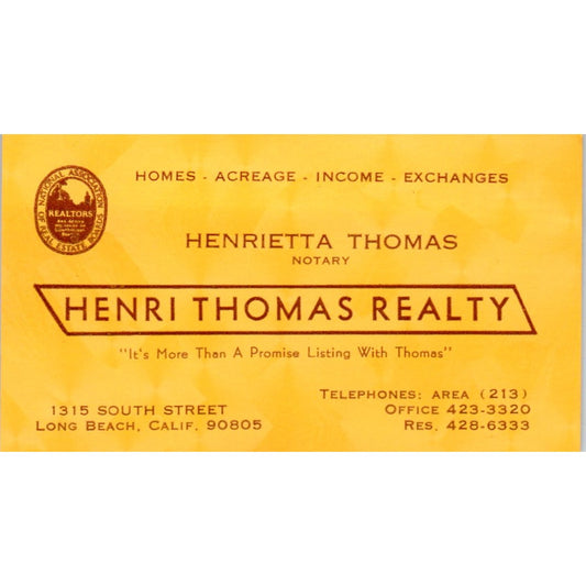 Henrietta Thomas Henri Thomas Realty Long Beach CA Vintage Business Card SD8-B1