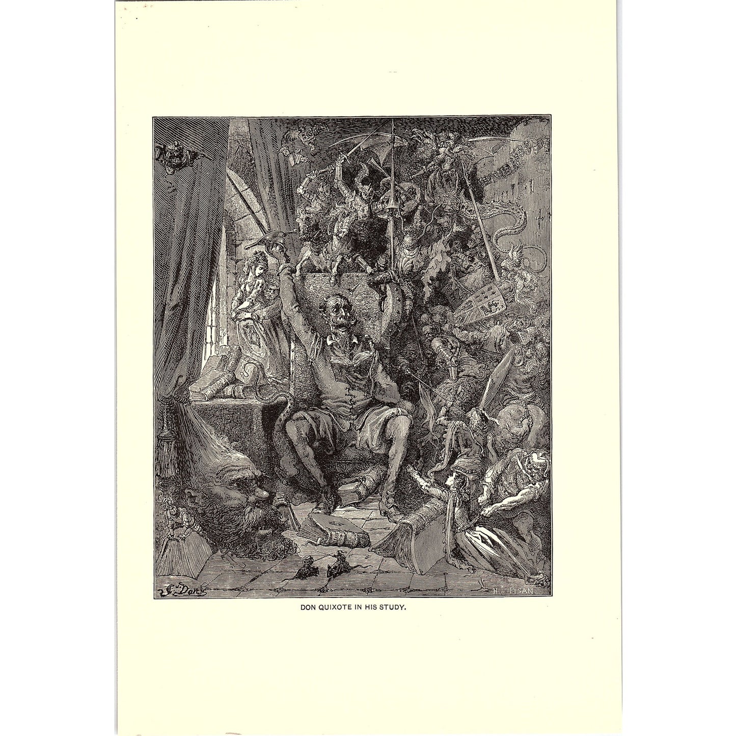 Don Quixote in His Study Gustave Doré 1902 Original Engraving Art Print V14-6