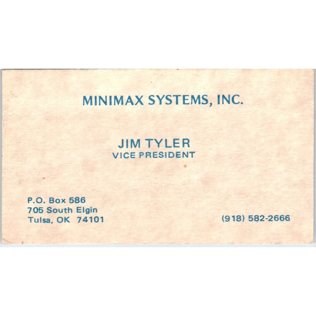 Jim Tyler Minimax Systems Inc Tulsa OK Vintage Business Card SE3-B4